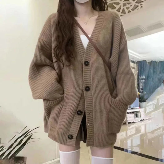 Autumn Winter Women Cardigan Sweater Coats Fashion Women Long Sleeve V-Neck Loose Knitted Jackets Casual Pullover Cardigans