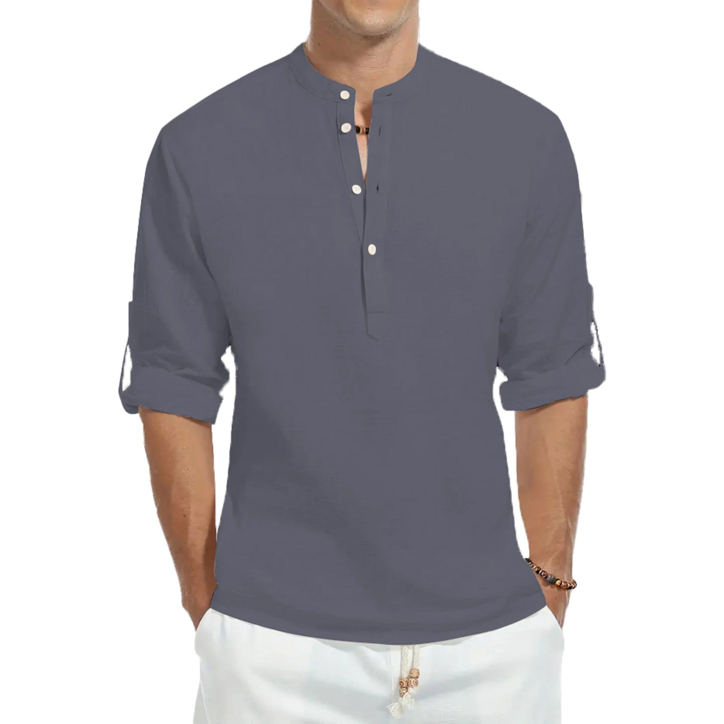 Casual Shirts, Men's Cotton Loose Shirts, Fashion Stand-up Collar Solid Color Long-sleeved T-Shirts, Handsome Slim Fit Tops