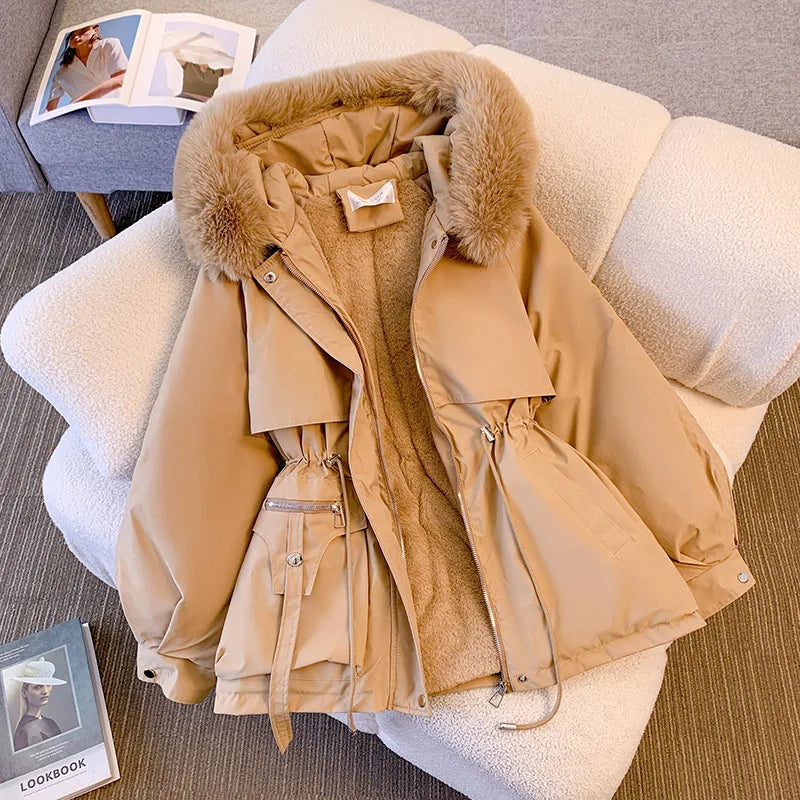 Chaqueta de invierno con capucha forrada de lana para mujer, abrigo cálido acolchado con cordón, Parkas coreanas informales, ropa de calle abullonada