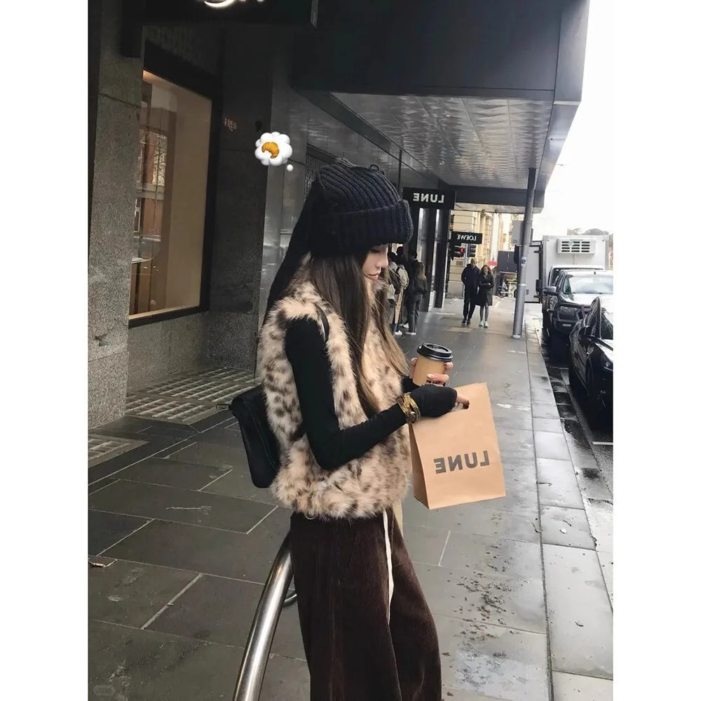 Gilet en fausse fourrure imprimé léopard pour femme, tendance, Style de rue, polyvalent, pour les déplacements quotidiens, col montant doux, confortable, hiver
