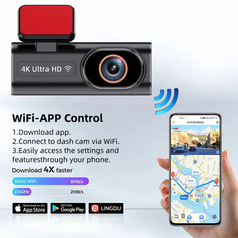 Ultra HD Dash Cam, 4K Loop Recording, Optional 24H Parking Monitoring, 1080P Night Vision, Rear Camera, Supports WiFi App Control