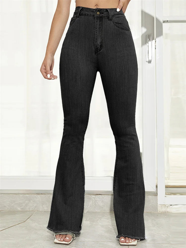 Benuynffy-Jeans acampanados con bajo sin rematar para mujer, pantalón de mezclilla, cintura alta, longitud completa, vaqueros ajustados, bragueta con botones, moda de otoño