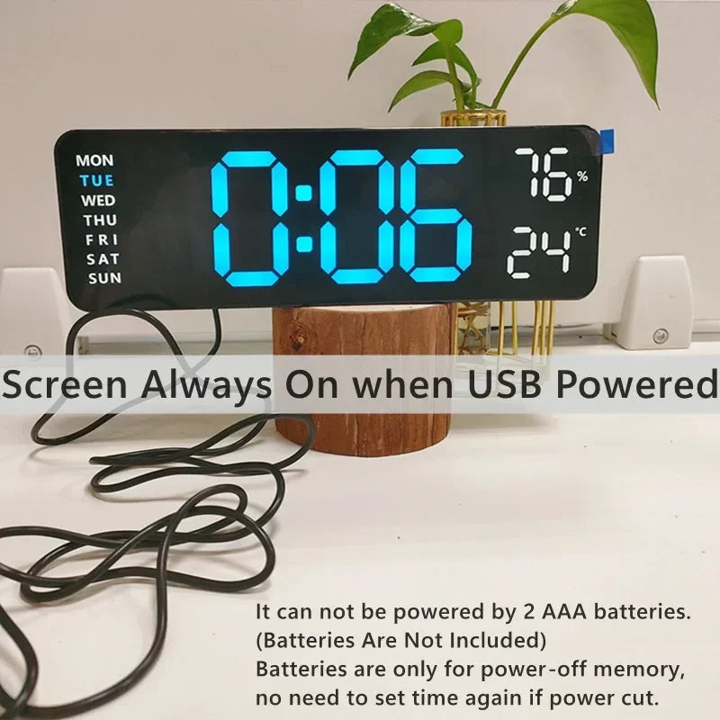 Grande horloge murale numérique de 9 pouces, alimentée par USB, température et humidité, variateur automatique, horloge de Table DST, réveil électronique LED 12/24H