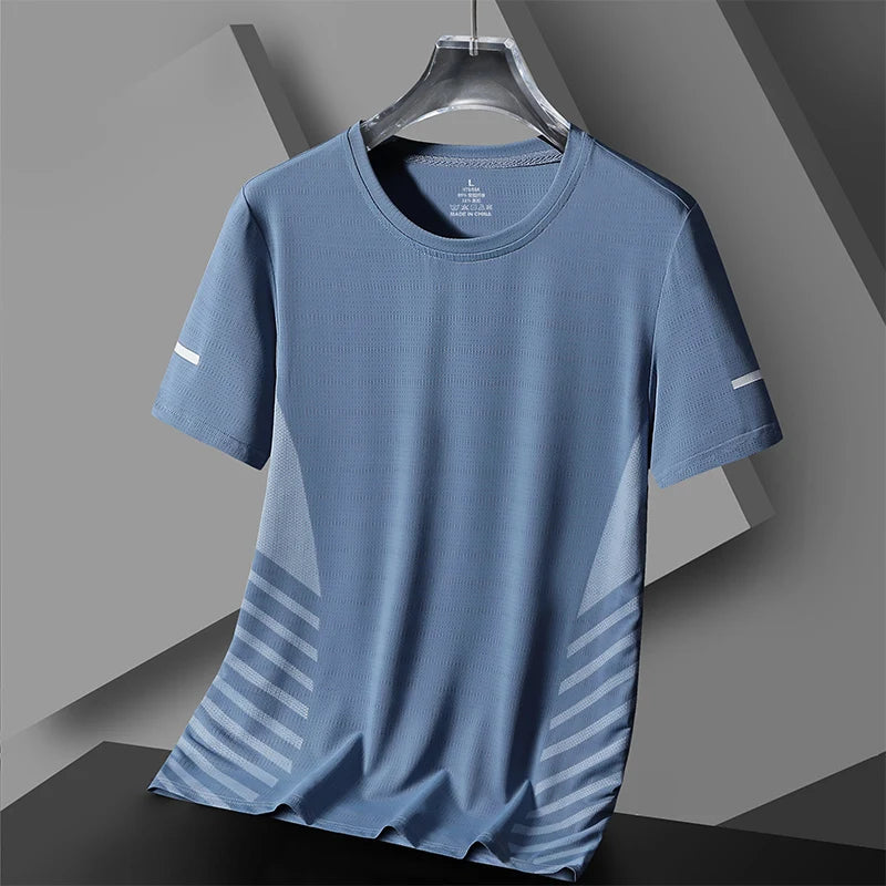 Men's Short Sleeve Running T-Shirt, Thin Ice Silk Top, Reflective Print, Quick Dry, Breathable, Fitness, Sport, 5XL