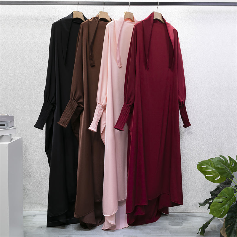 Abaya musulman à capuche manches smockées une pièce Robe de prière femmes Jilbab vêtements islamiques dubaï saoudien Robe noire modestie turque