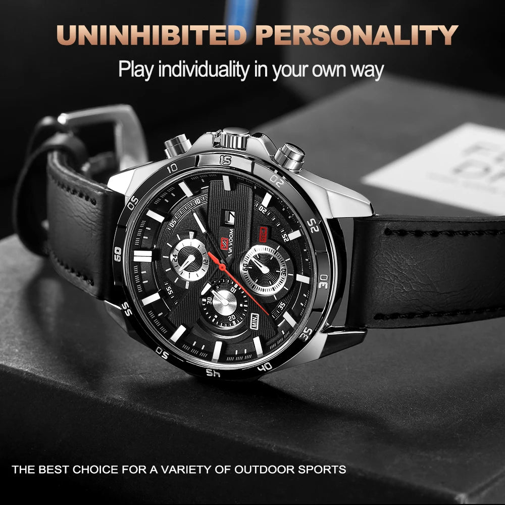 Montres de sport pour hommes, série de course de mode, 46mm, horloge en cuir noir VA VA VOOM, mouvement à Quartz 3Bar, montre-bracelet étanche pour hommes