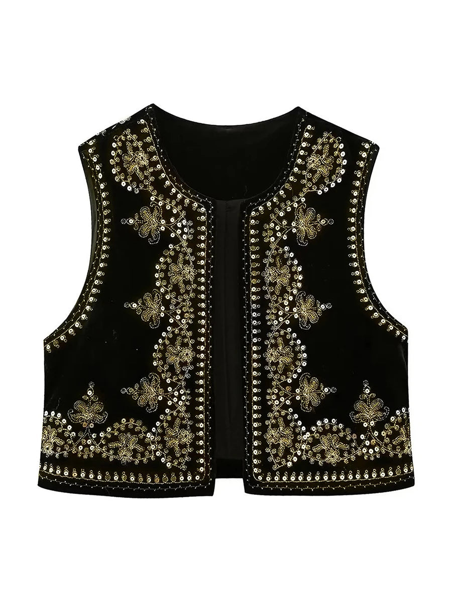Chaleco bordado negro Vintage con estampado Floral para mujer, sin mangas, frente abierto, corto, versátil, ropa de abrigo y2k, cárdigan Boho corto