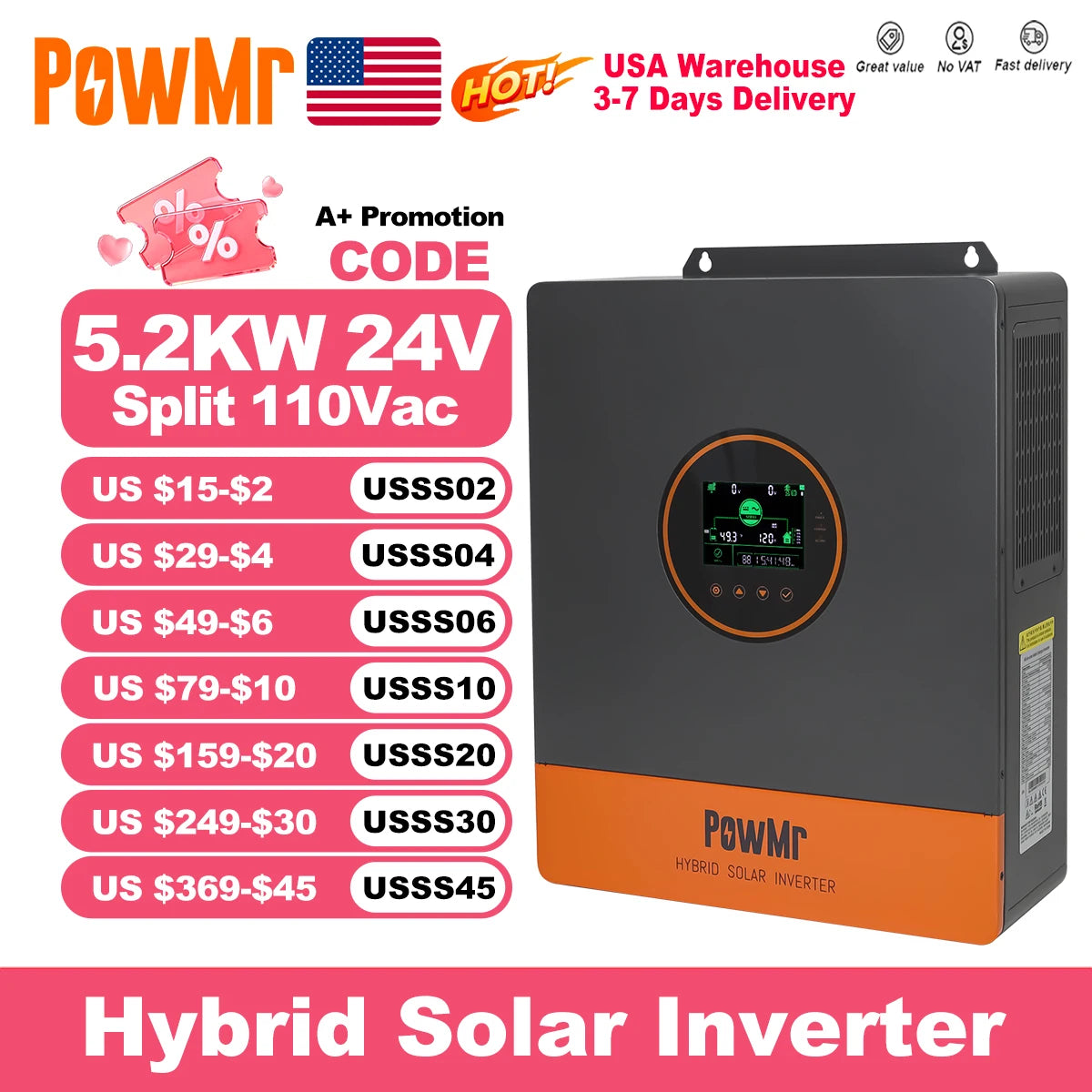 Onduleur solaire hybride 5,2 kW 48V — MPPT 100A, PV 500Vdc, sortie 110/220Vac, onde sinusoïdale pure