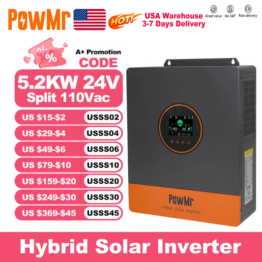 PowMr USA 5.2KW 48V 110Vac Hybrid Solar Inverter can Split Phase Output 220Vac When Parallel Pure Sine Wave MPPT 100A PV 500Vdc