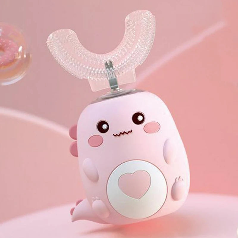 Cepillo de dientes eléctrico infantil en forma de U, rotación de 360 grados, dibujos animados inteligentes, cepillo de dientes de silicona, automático, recargable, sónico