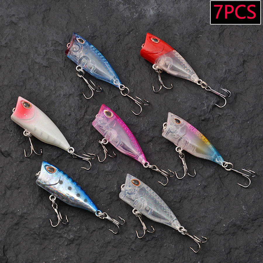 Ensemble de 7 leurres de pêche Mini Popper Crankbaits, yeux 3D, appâts durs, kit de leurres artificiels, wobblers pour la pêche à la traîne, brochet, surface de l'eau, swimbaits