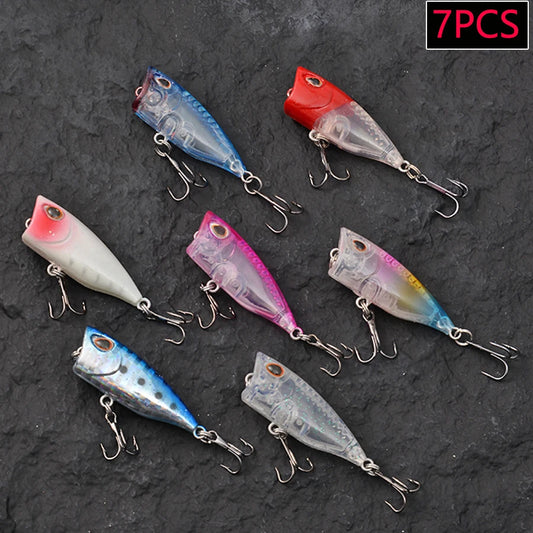 Ensemble de 7 leurres de pêche Mini Popper Crankbaits, yeux 3D, appâts durs, kit de leurres artificiels, wobblers pour la pêche à la traîne, brochet, surface de l'eau, swimbaits