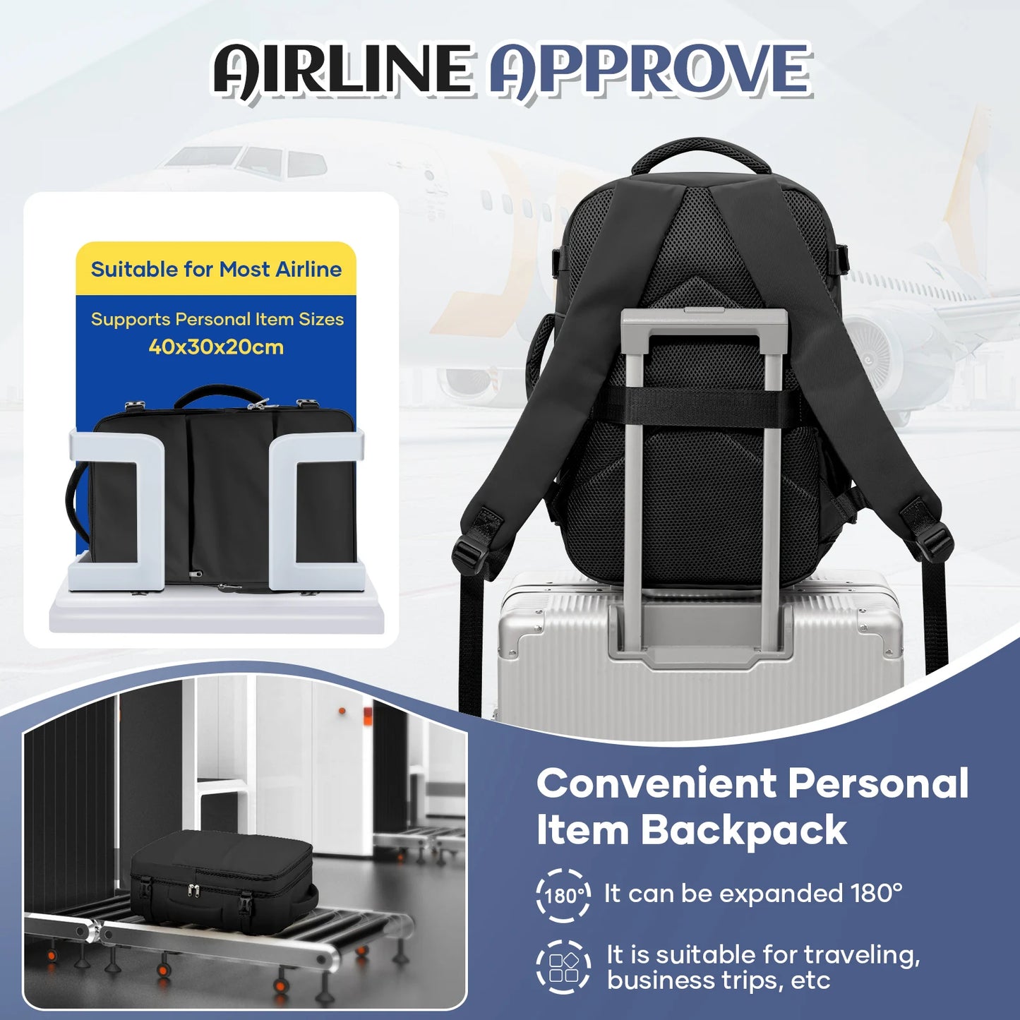 Sac à dos de voyage cabine avion 40x30x20 — étanche, ordinateur portable, bagage à main
