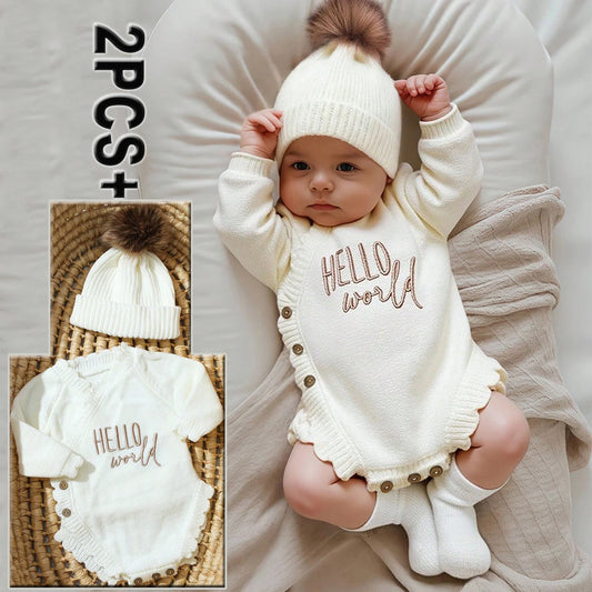 Barboteuse tricotée pour nouveau-né photographie — chapeau à pompon, pull bébé, séance photo HD (v4)