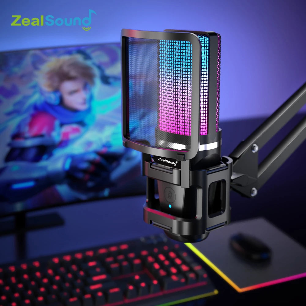 Zealsound – Microphone USB à condensateur RGB avec bras articulé pour gaming, podcast et streaming