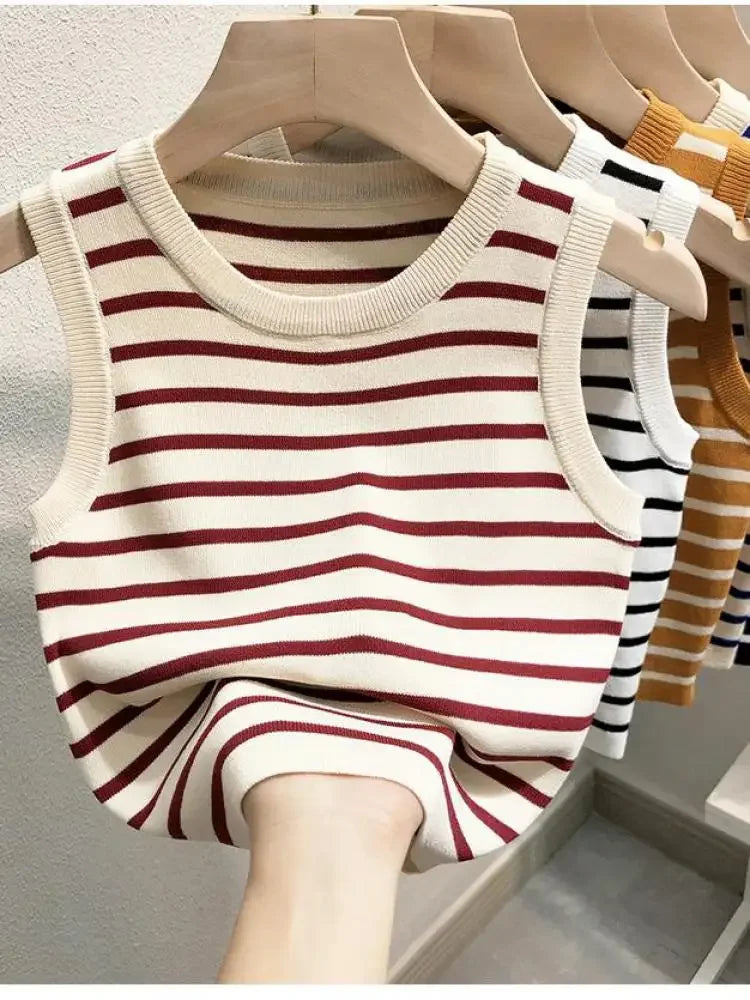 Débardeurs rayés tricotés sans manches pour femme, collection Printemps-Été 2026, style crop top, coupe ajustée élastique, décontracté, pull-over, camisole