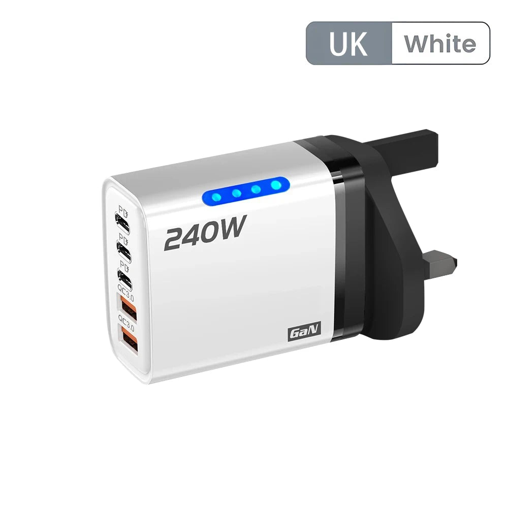 240W 5-in-1 GaN Phone Charger, 10A Fast Charging Adapter, USB to Type-C Cable, 3 PD Ports, 2 USB Ports, for iPhone 16 15 Pro, Xiaomi