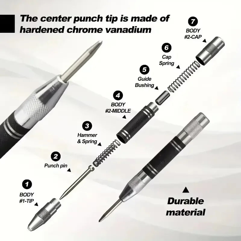 Automatic center punch, hole marker, wood, metal, steel, spring-loaded, drill locator, heavy-duty punch, carpentry, automatic hand tool