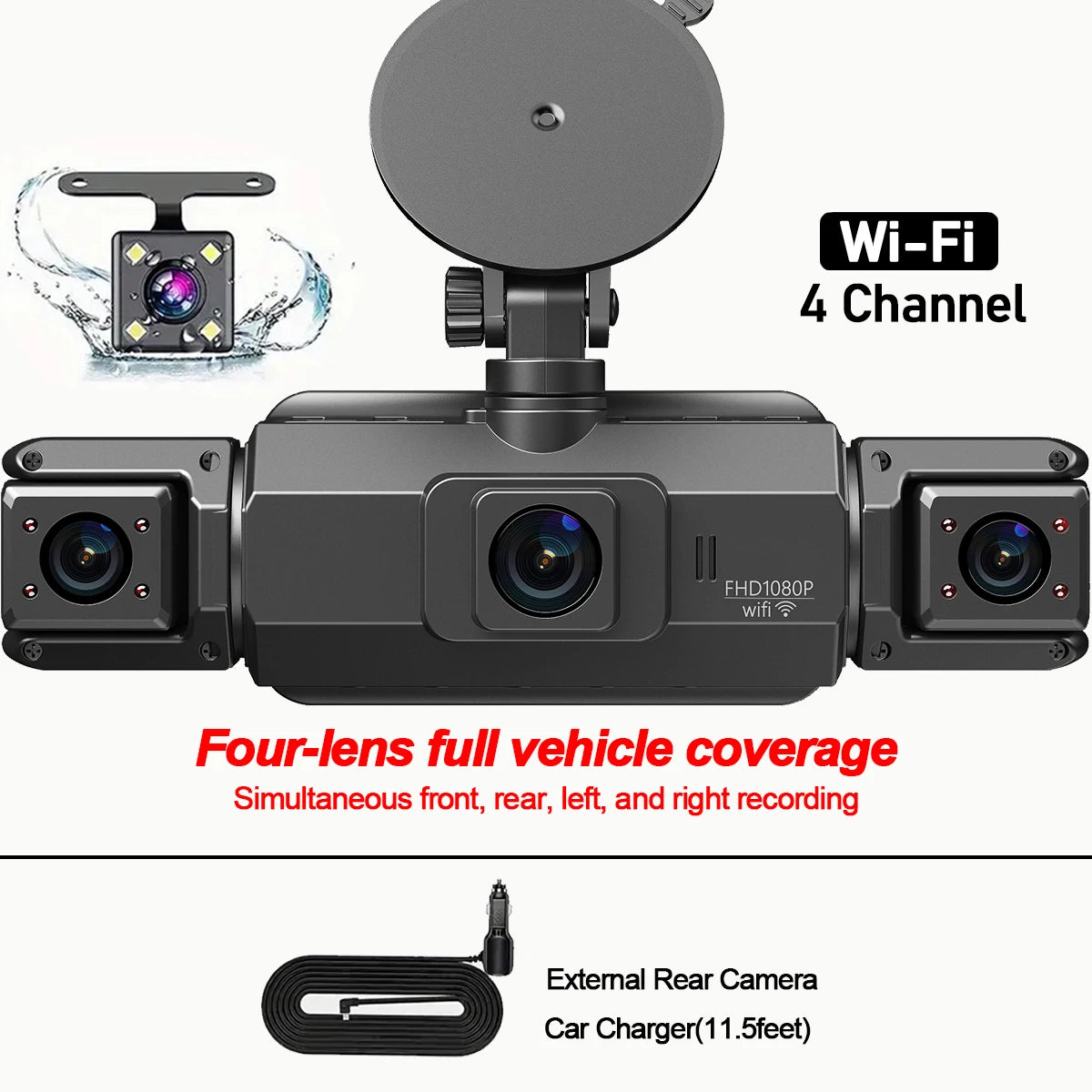 4-channel WiFi car dashcam DVR dashcams for car 24h rear box parking mode interior front and rear 360 dash cam