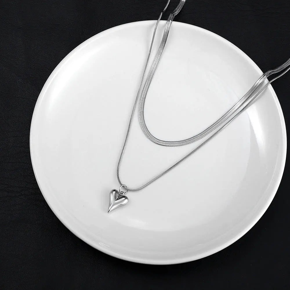 Seakissky Stainless Steel Double Layer Necklace, Simple and Elegant, Charming Love Heart Pendant, High Quality Gifts for Women, Hot Sale
