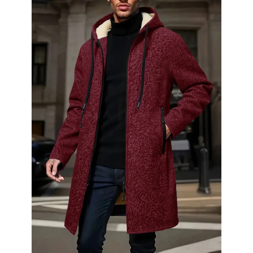 Manteau Long chaud d'hiver pour hommes, veste à fermeture éclair, coupe-vent en polaire épaisse, pardessus coupe-vent décontracté, couleur contrastée, veste à capuche