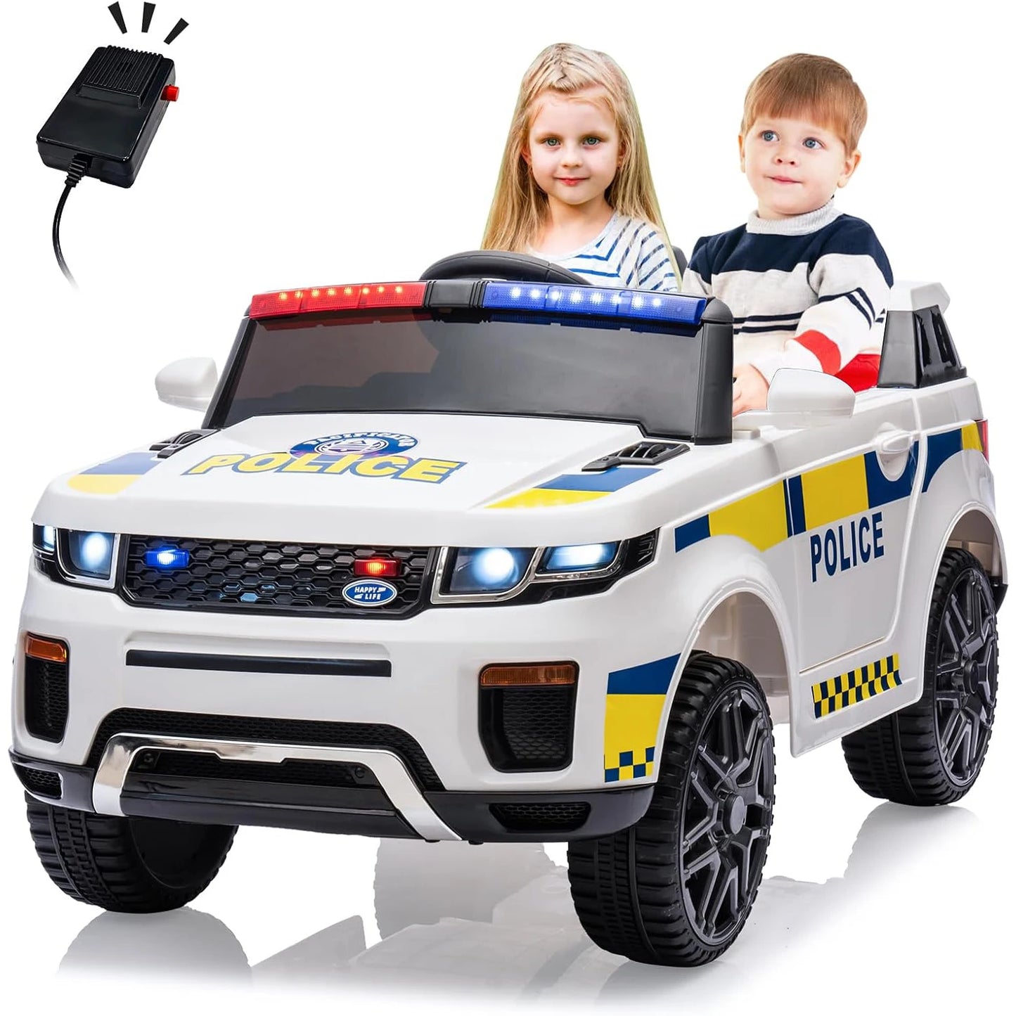 Coche para niños, vehículo eléctrico de 4 ruedas con mando a distancia, megáfono, luces intermitentes, suspensión de muelles, música