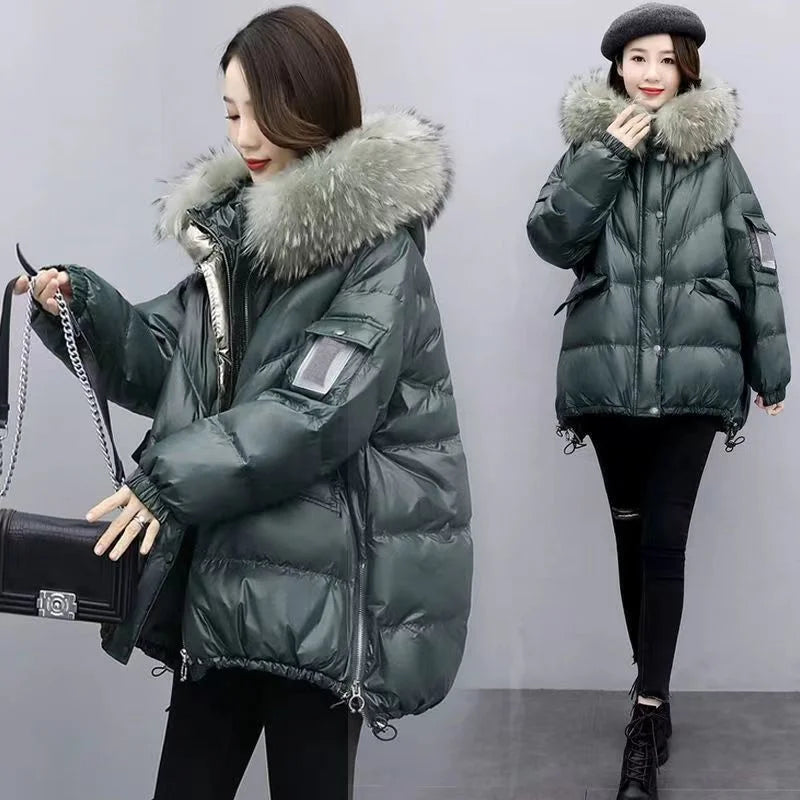 Veste en duvet de coton pour femme, mi-longue, Version coréenne, ample, épaisse, grand col en laine, à capuche, nouvelle collection hiver 2024