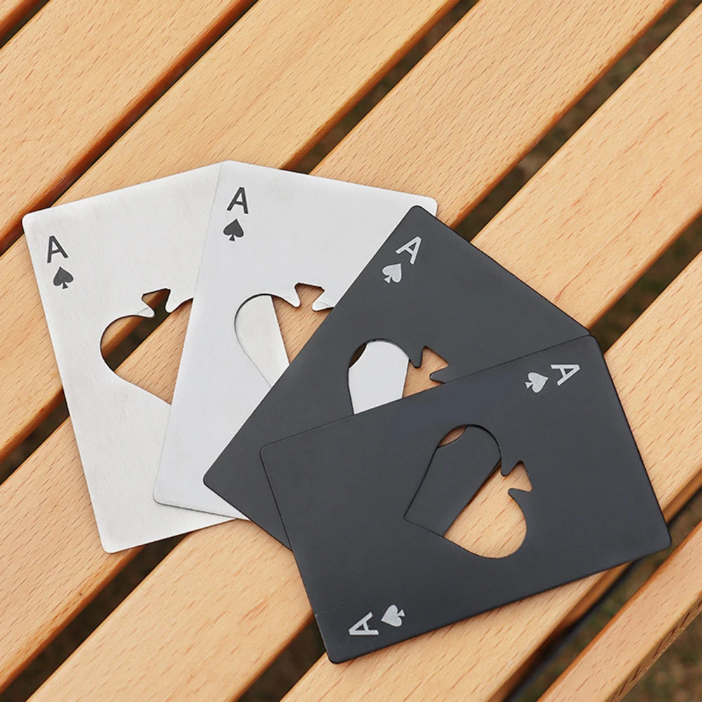 Palas de acero inoxidable, botellero, abridor de botellas, cartas de juego, abridor de botellas, tarjeta de crédito, abridor de cerveza.