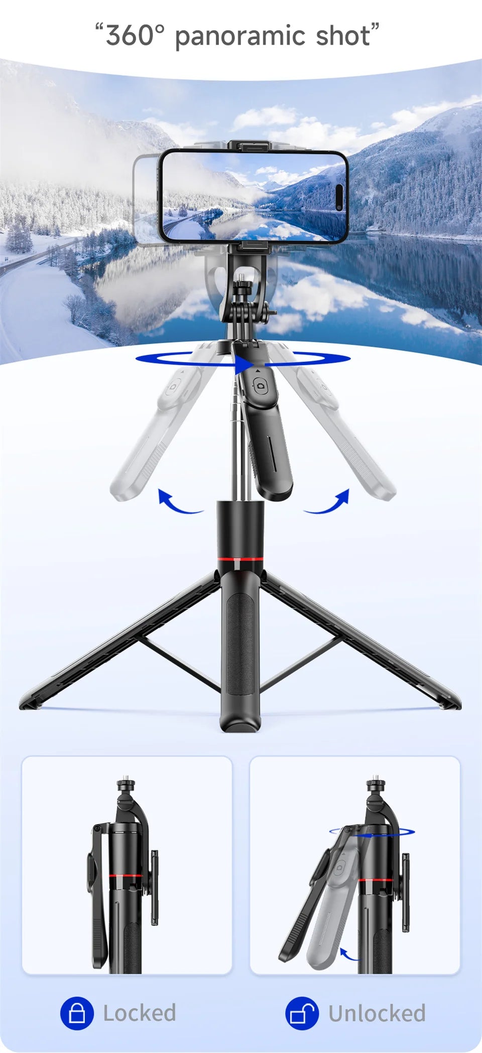 Trépied perche à selfie avec lumière de remplissage — 1708mm, télécommande Bluetooth, rotation 360°, interface 1/4