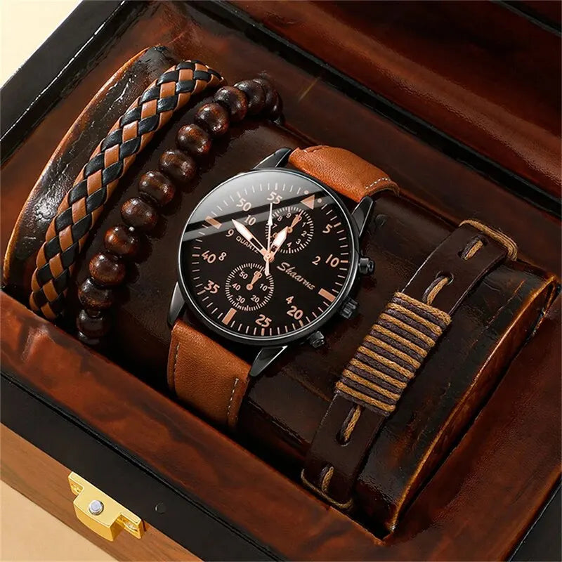 Nuevo conjunto de reloj de pulsera de lujo para hombre, moda de negocios, relojes de cuarzo de cuero marrón para hombre, regalo Relogio Masculino