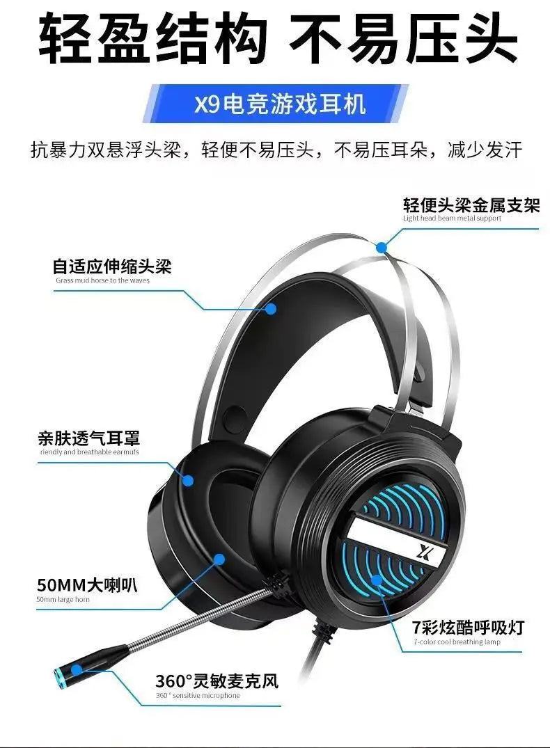 Auriculares estéreo para juegos con micrófono, auriculares de actualización X9, luz LED, auriculares con cancelación de ruido, adecuados para PS4, PC, Xbox One, PS5