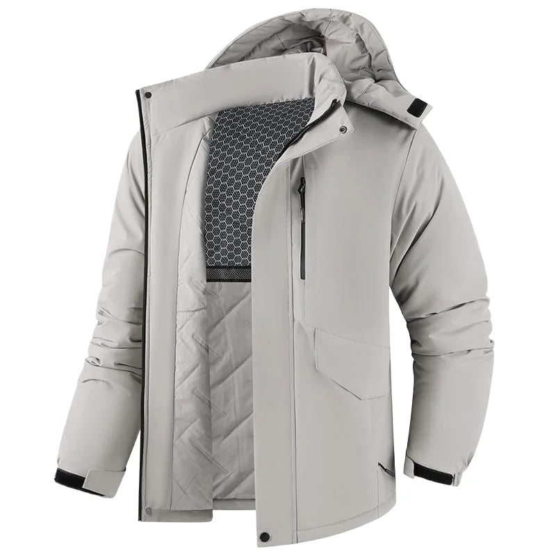 Men's thick waterproof winter jacket, windproof, detachable hood, multi-pockets, work windbreaker, Safari