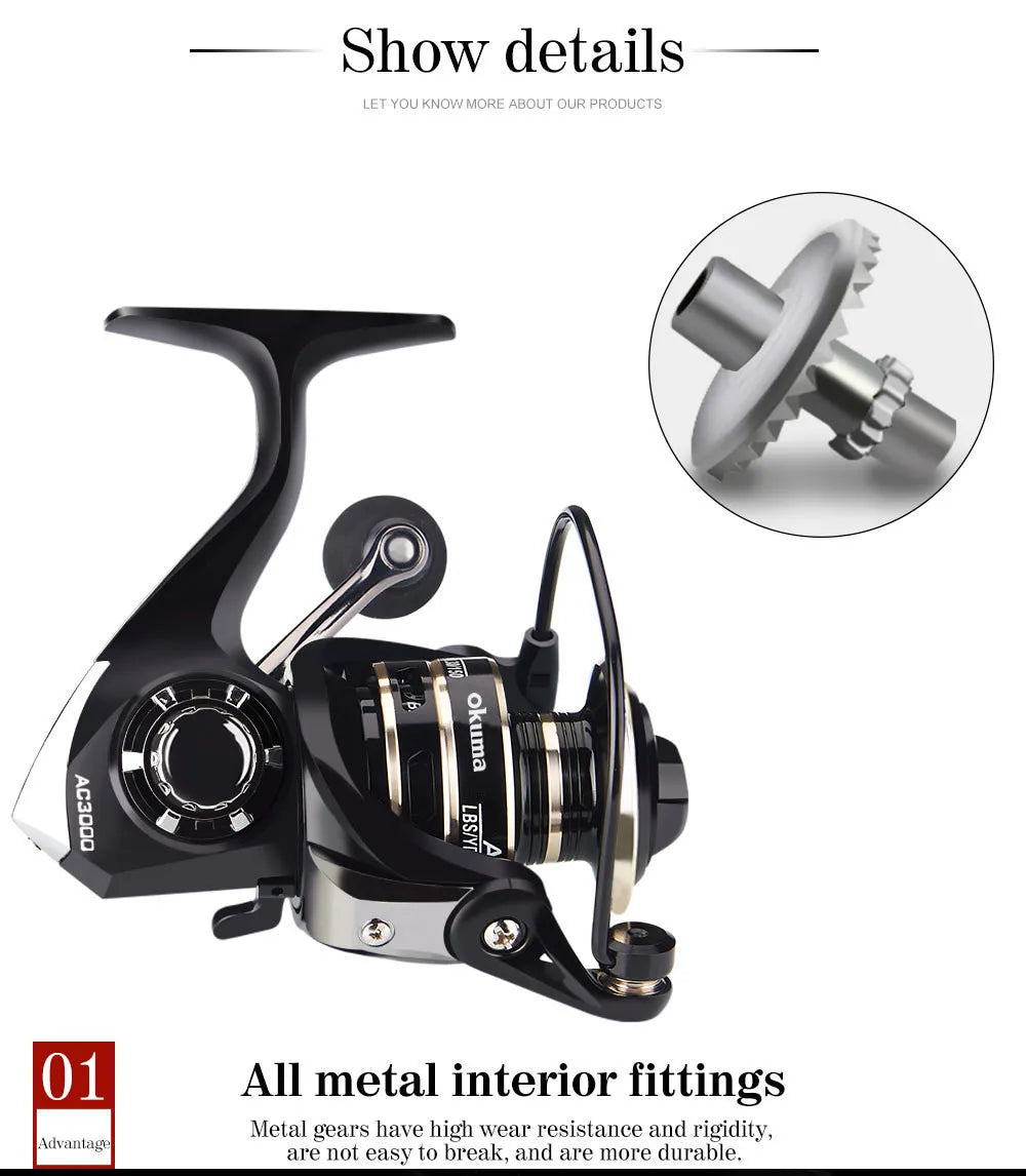 Le plus récent OKUMA AC2000-7000 Moulinet De Pêche En Métal Balle Grip Spinning Reel 5.2:1 Métal Moulinet Tasse 12KG Max Drag