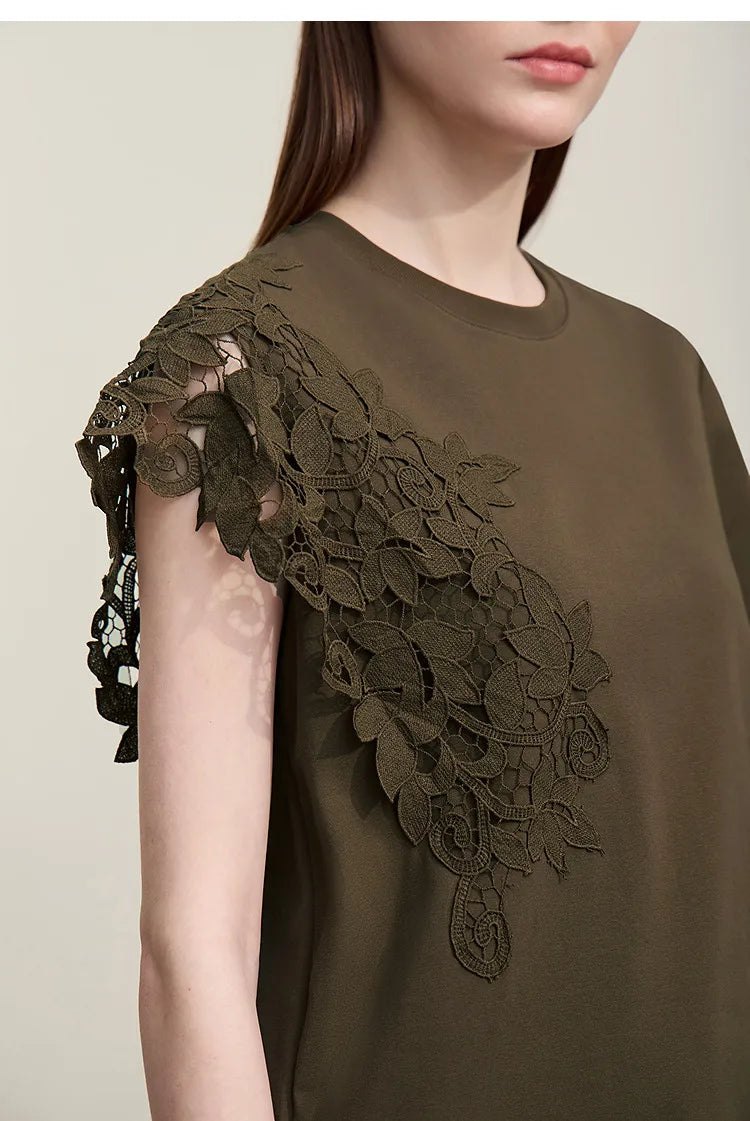 T-shirt femme 2026 été — col rond, coton, anti-transpiration, dentelle asymétrique, ample, manches courtes