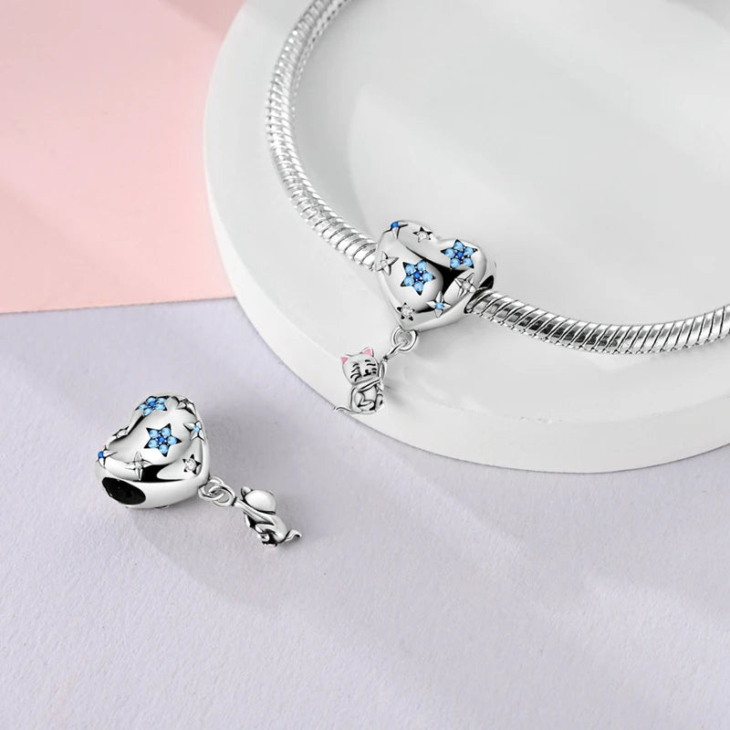 Abalorios de plata de ley 925 con huellas de perro, gato, corazón, animales, abalorios que se ajustan a pulseras, collares, colgantes, joyas para mujer, para hacer tú mismo