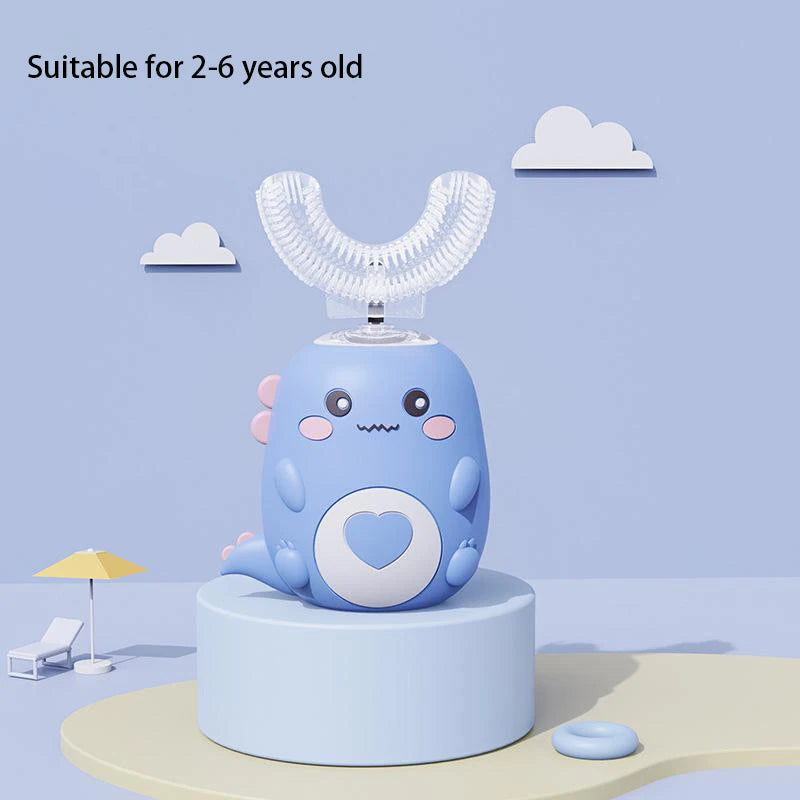 Cepillo de dientes eléctrico infantil en forma de U, rotación de 360 grados, dibujos animados inteligentes, cepillo de dientes de silicona, automático, recargable, sónico