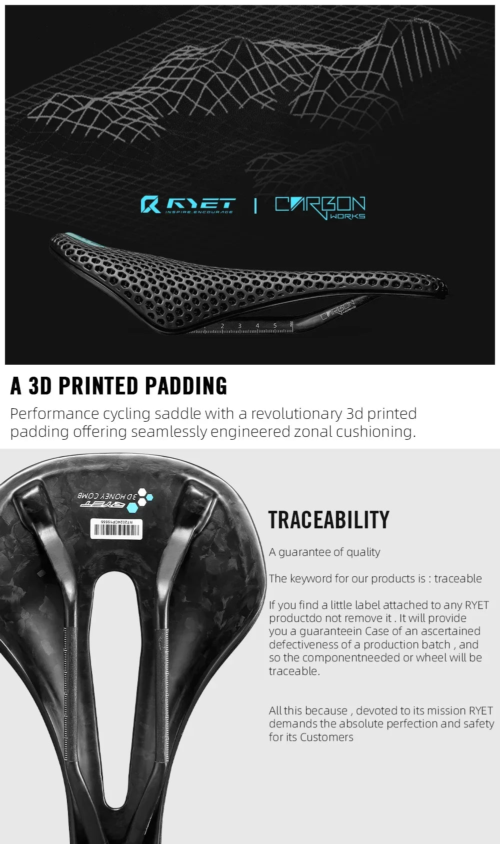 Selle vélo carbone 3D imprimée 140mm — rail rond, super légère, route, VTT, course