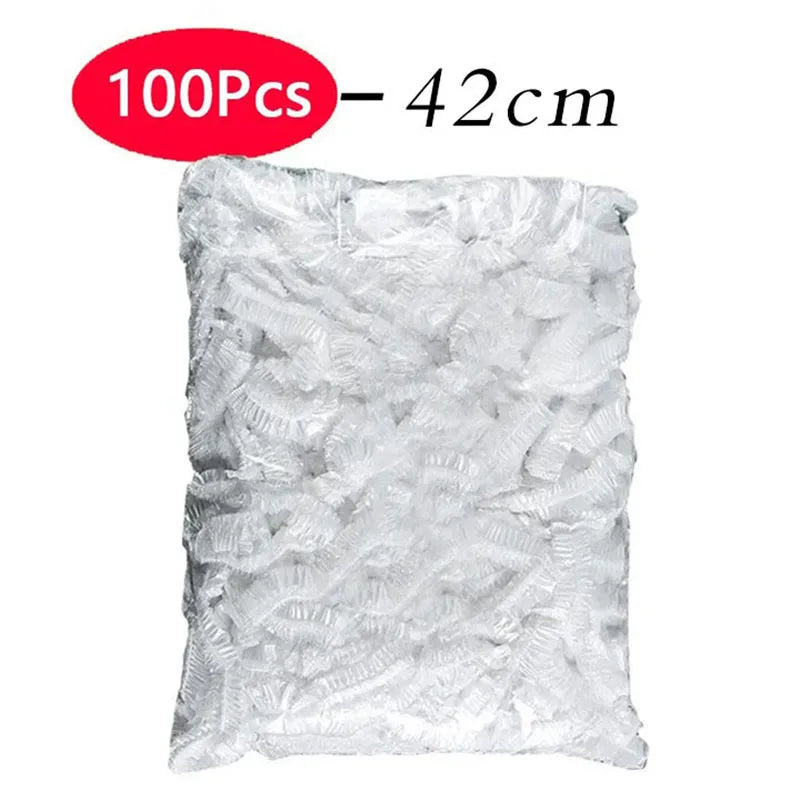 Tapa de comida desechable, 50 unidades, embalaje de plástico, bolsas de plástico para frutas y verduras de grado alimenticio, bolsas de plástico elásticas, organizador de cocina