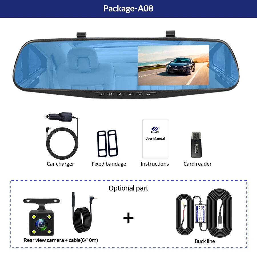 Dashcam 4,3" 1080P Rétroviseur DVR — Double Lentille Caméra Recul Boîte Noire