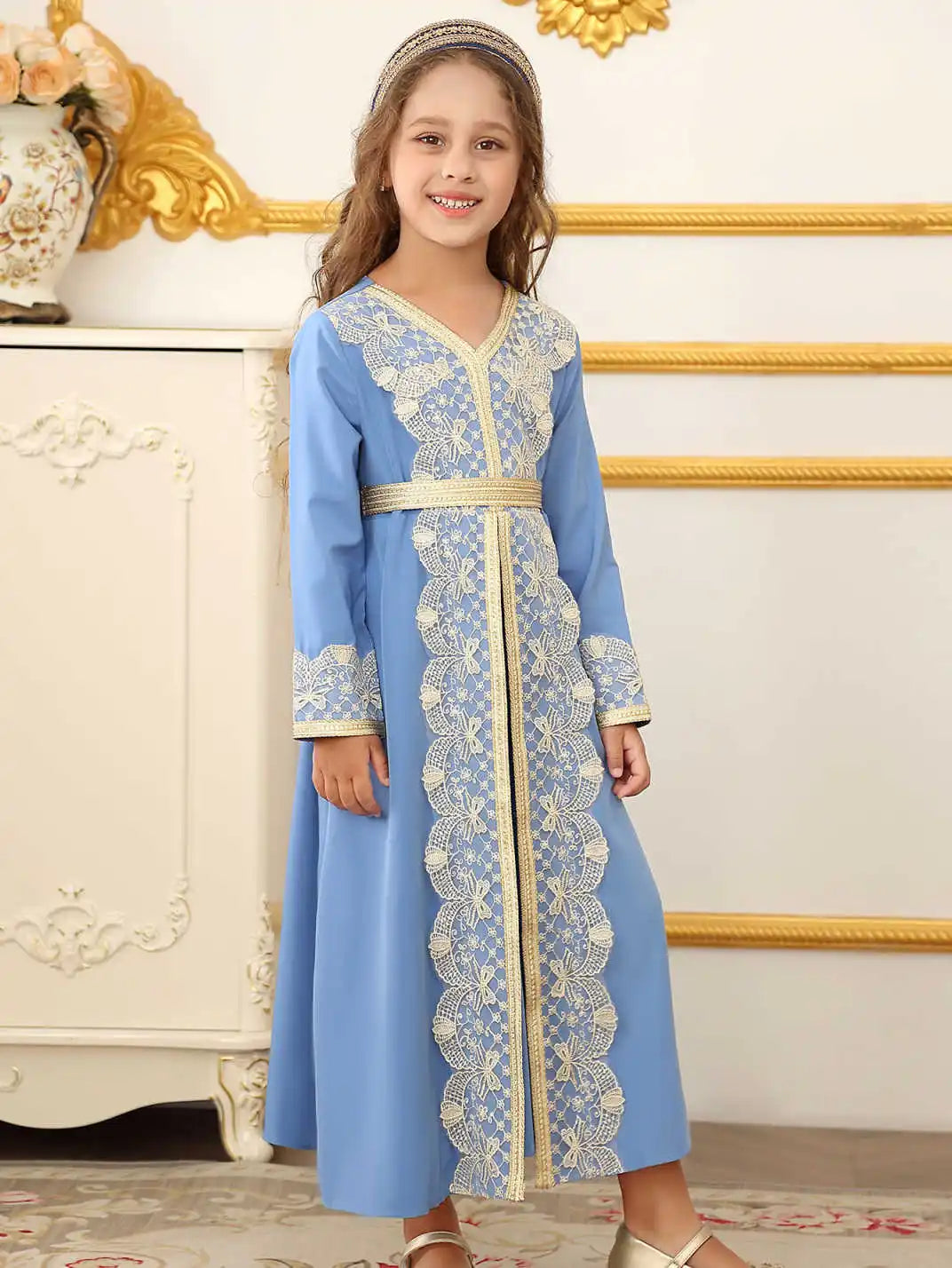 Vestido de encaje étnico de Oriente Medio marroquí para niñas musulmanas de Dubái, disfraz de Festival de Ramadán para boda islámica