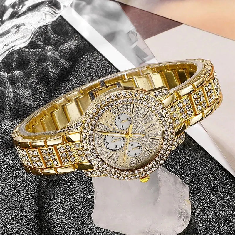 Reloj de cuarzo de lujo dorado para mujer, juego de joyas, anillo, collar, pendientes, diamantes de imitación, moda casual
