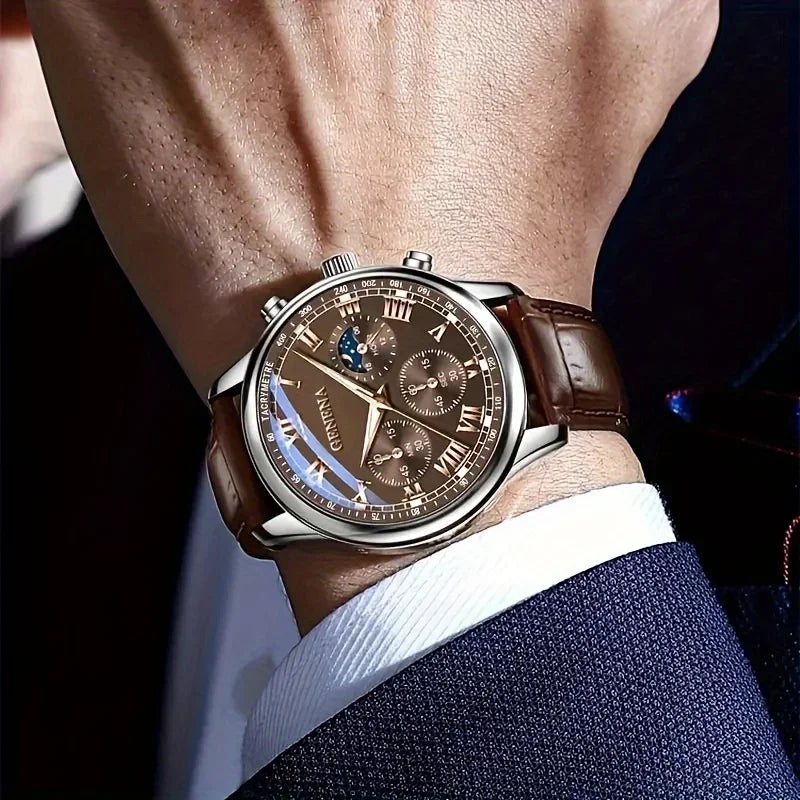 Relojes de negocios de lujo para hombre, correa de cuero, esfera redonda, analógico, de cuarzo, Reloj Hombre (sin caja)