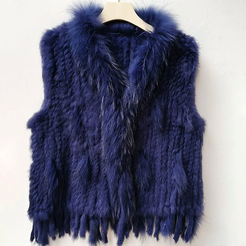 Gilet tricoté en vraie fourrure de lapin naturelle avec pompon, Gilet chaud sans manches pour femmes, avec garniture en vraie fourrure de raton laveur