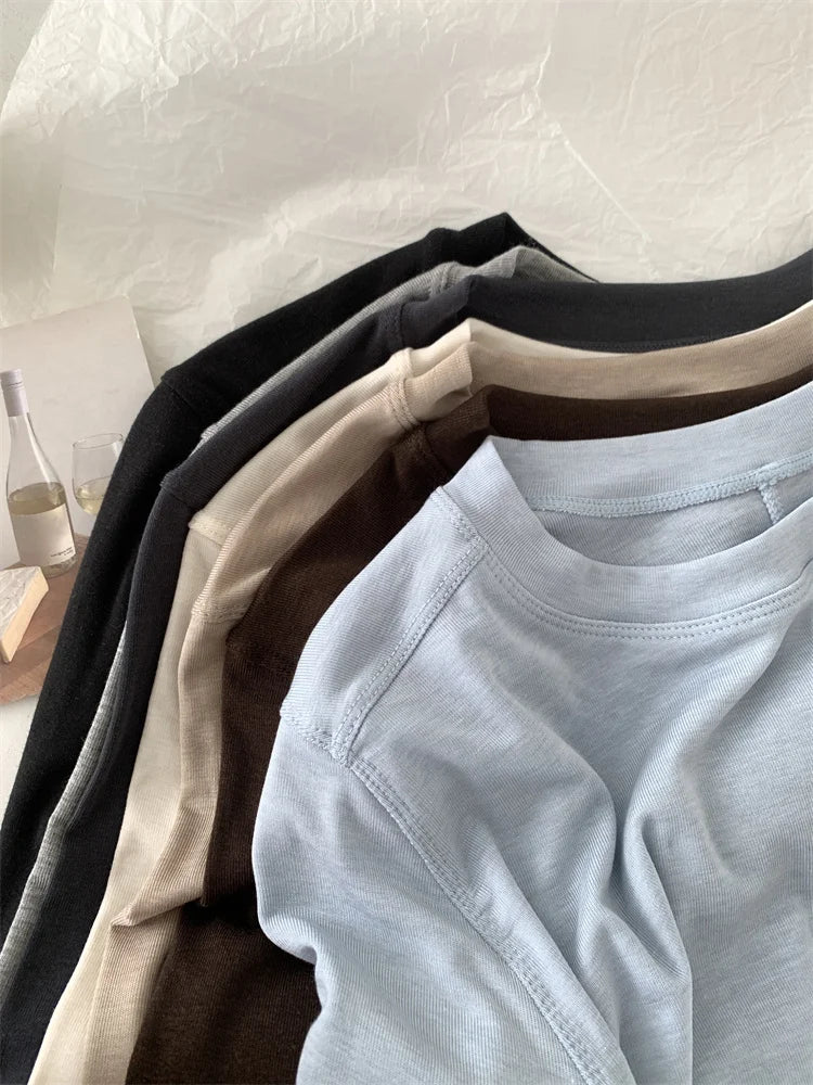 Camiseta de manga larga para mujer, de seda y lana empalmada, top fino, suave, ceroso, de color liso, para primavera y verano.