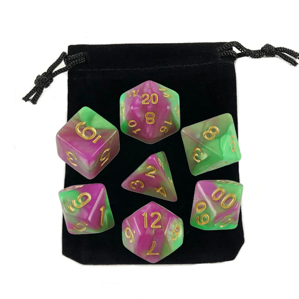Dados poliédricos con bolsa, juego de mesa, desayunos, DnD, d4,d6,d8,d10,d %,d12,d20, 7 piezas