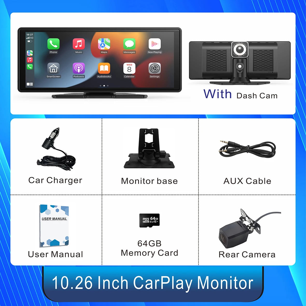 Wireless Portable Carplay Screen for Car, 10.26-inch, Carplay and Android Auto, Touch Stereo, with Dash Cam, Backup Camera