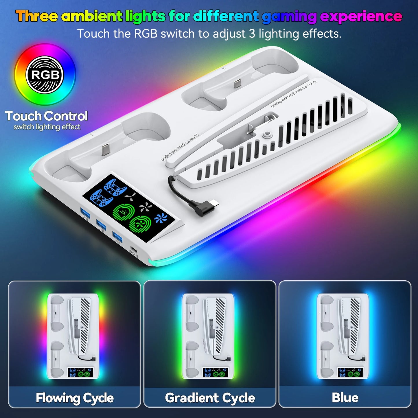 Soporte para PS5/PS5 Slim/PS5 Pro, con gancho para auriculares, soporte de refrigeración y estación de carga para controladores, con ventilador de refrigeración de 3 niveles