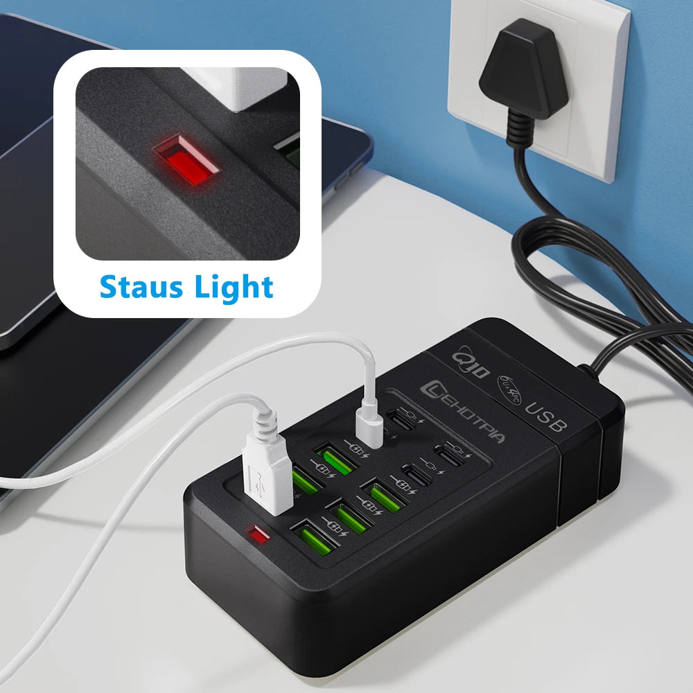 Multi-Fast USB Charger, EU UK US Plug, Power Adapter, 1.2m Extension Cord, 6 USB-A 4 USB-C, Portable for Mobile Phone