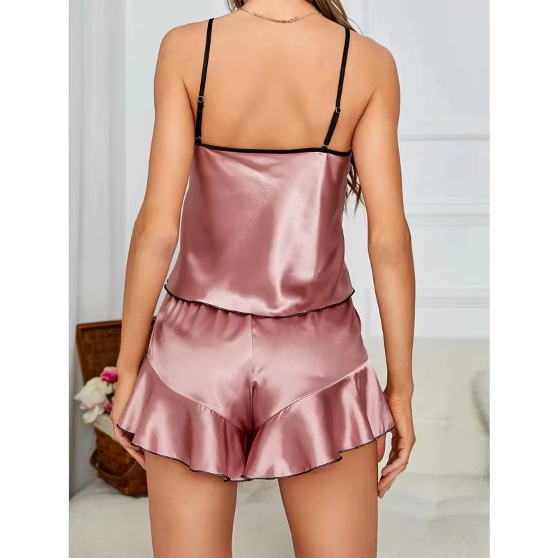 Women's Smooth Satin Pajamas, V-Neck T-Shirt, Ruffled Edges and Bow Shorts, Simple and Breathable Pajama Set, Strappy Homewear