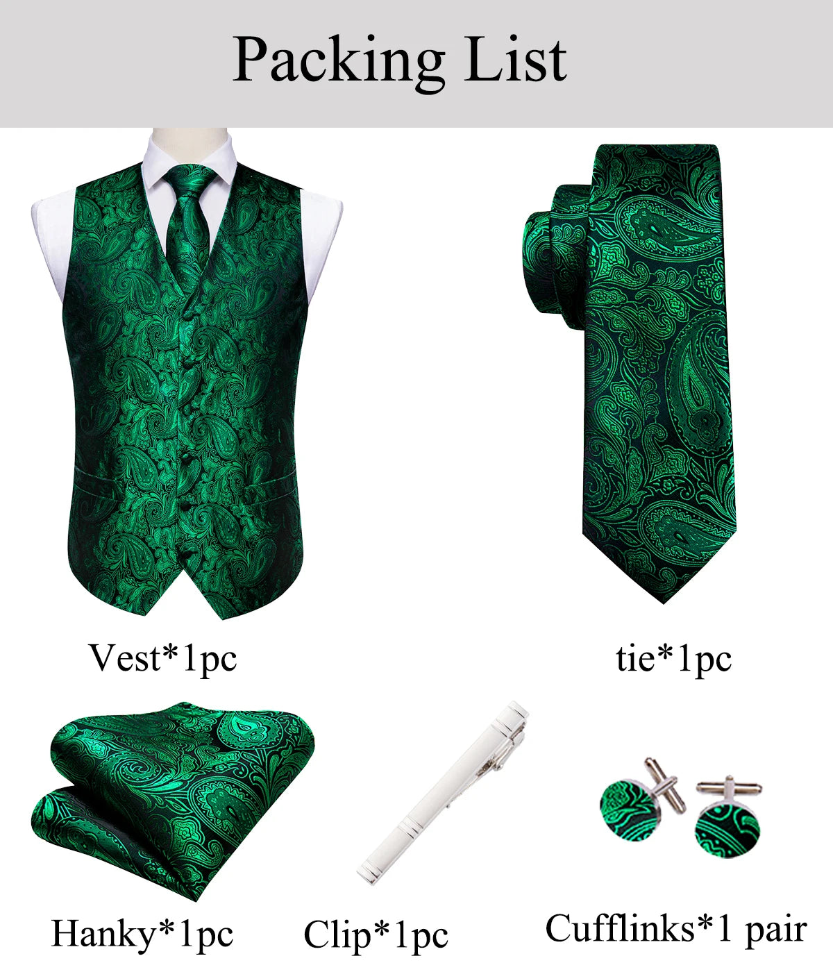 Lujo para hombre, conjunto de chaleco verde Paisley Floral Slim, para hombre, chaleco de vestir sin mangas, formal de trabajo, con corbata y pañuelo, de Barry Wang